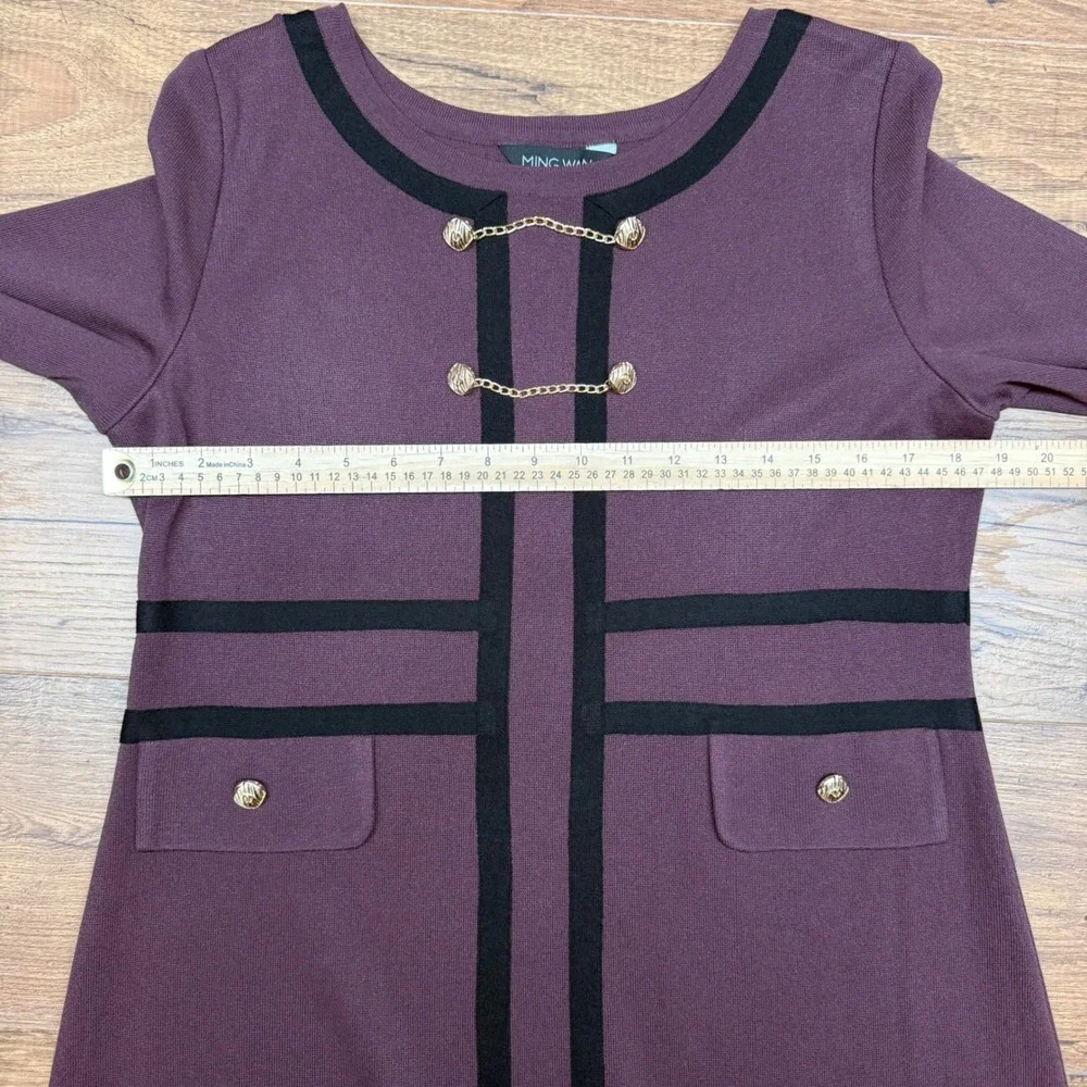 Ming Wang Small Shift Dress Burgundy Knit Gold Chain Military Old Money Academia